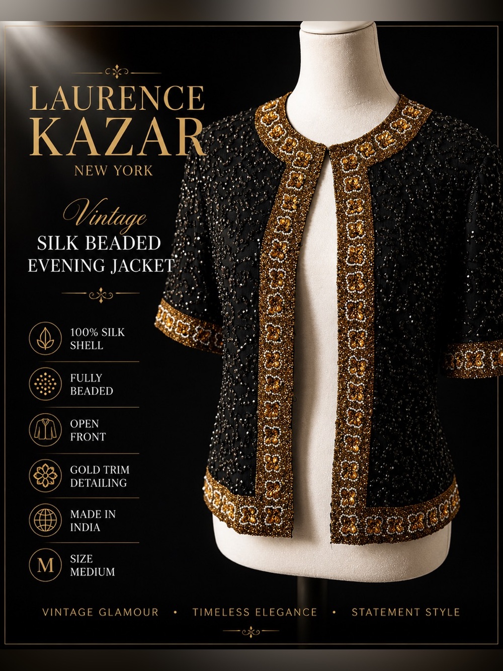 Vintage Laurence Kazar Black 100% Silk Beaded Evening Jacket Gold Trim